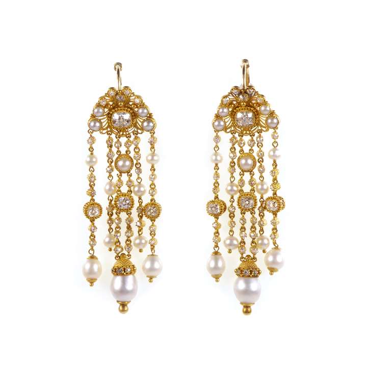 Pair of diamond, pearl and gold cannetille fringe pendant earrings, formerly part of the Bathurst Jewels